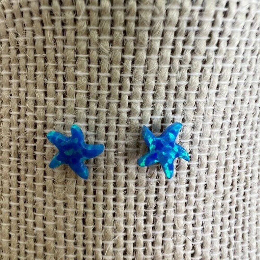 Star Blue Opal Look Earrings Stud Rainbow Small Sea‎ Starfish 925 Sparkle